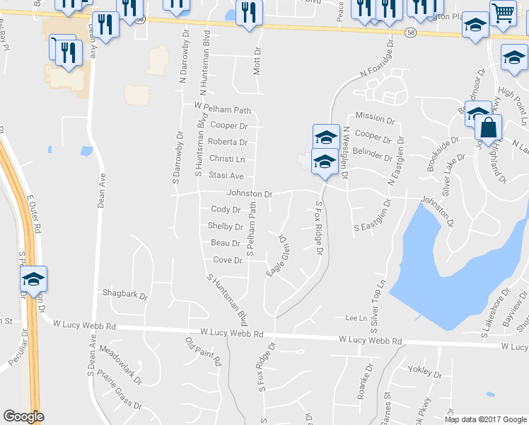 map of restaurants, bars, coffee shops, grocery stores, and more near 306 Eagle Glen Ct in Raymore