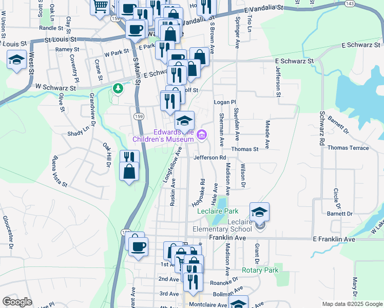 map of restaurants, bars, coffee shops, grocery stores, and more near 303 Jefferson Road in Edwardsville
