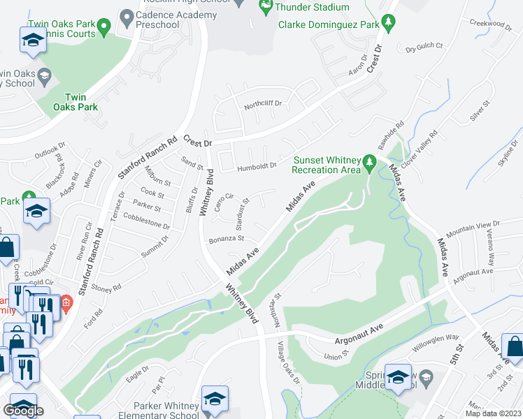 map of restaurants, bars, coffee shops, grocery stores, and more near 3153 Stardust Street in Rocklin