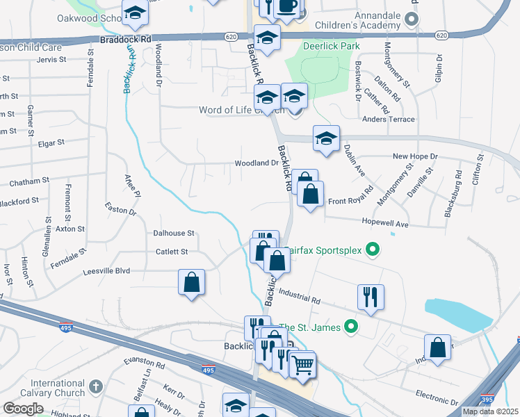 map of restaurants, bars, coffee shops, grocery stores, and more near 7069 Leewood Forest Drive in Springfield