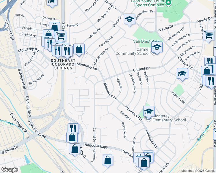 map of restaurants, bars, coffee shops, grocery stores, and more near 1915 Monterey Road in Colorado Springs