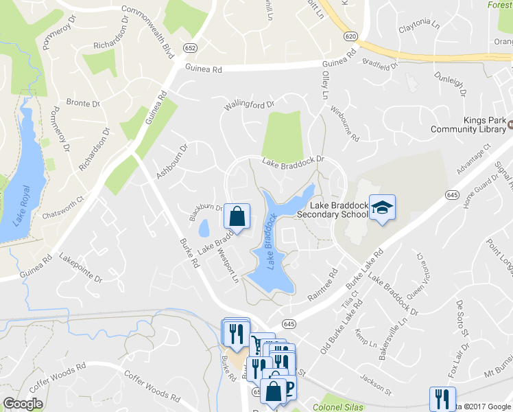 map of restaurants, bars, coffee shops, grocery stores, and more near 9511 Burdett Road in Burke