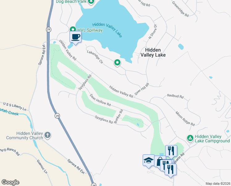 map of restaurants, bars, coffee shops, grocery stores, and more near 18621 Hidden Valley Road in Hidden Valley Lake