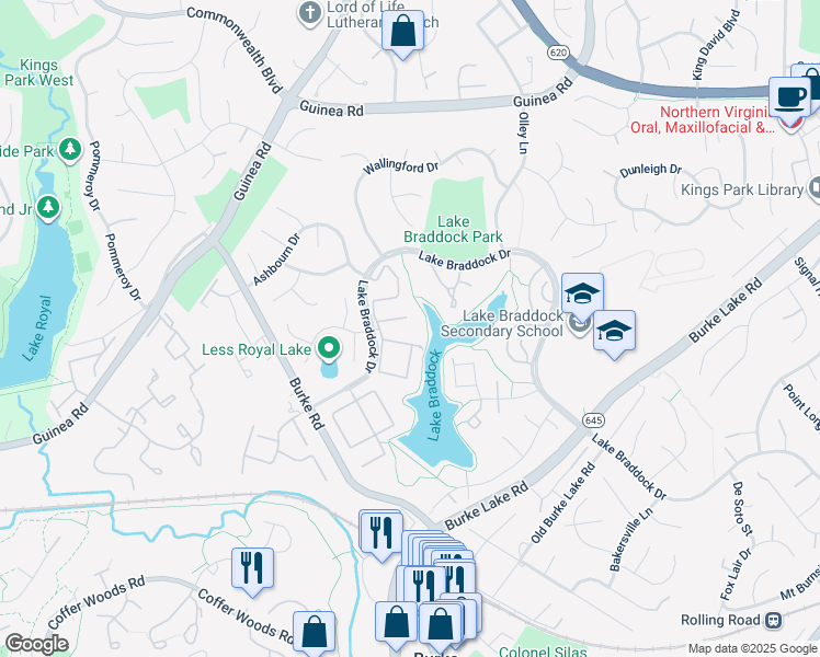 map of restaurants, bars, coffee shops, grocery stores, and more near 9513 Burdett Road in Burke