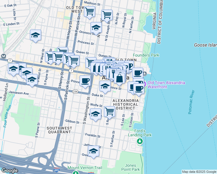map of restaurants, bars, coffee shops, grocery stores, and more near 416 Prince Street in Alexandria