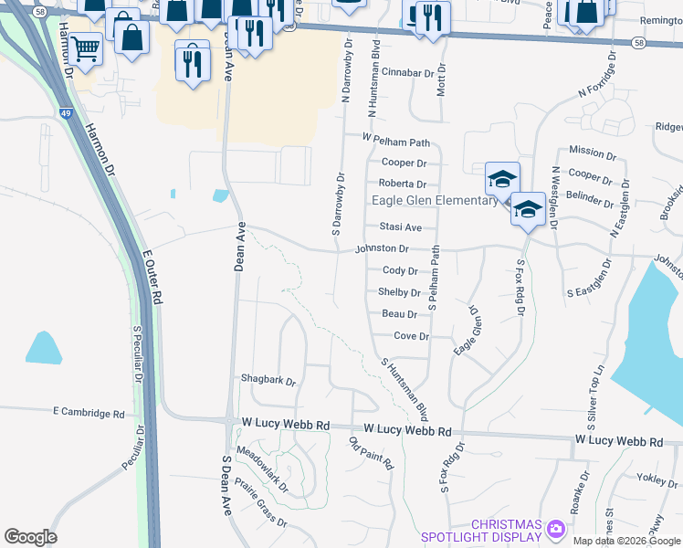 map of restaurants, bars, coffee shops, grocery stores, and more near 226 South Huntsman Boulevard in Raymore