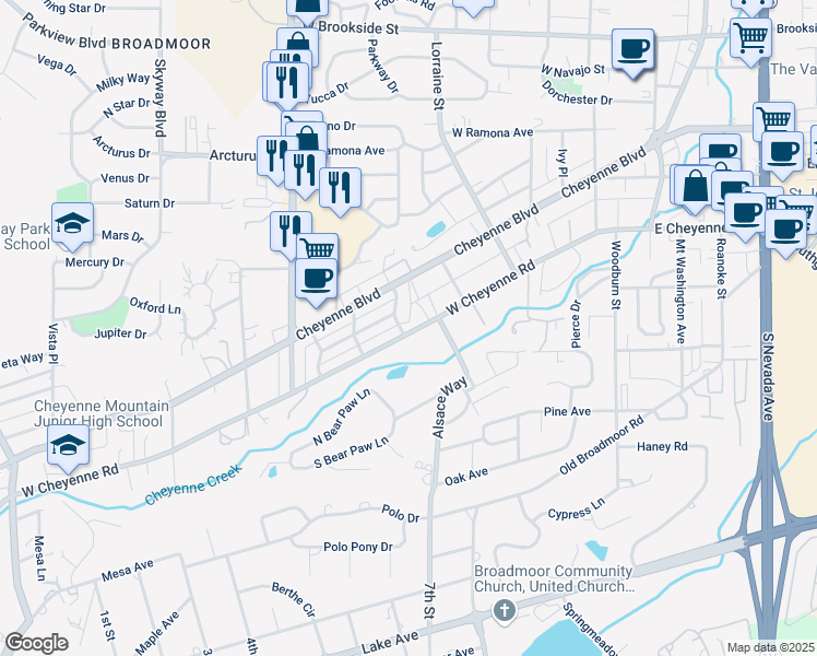 map of restaurants, bars, coffee shops, grocery stores, and more near 131 Beaver Avenue in Colorado Springs