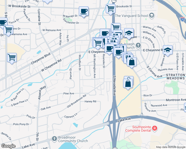 map of restaurants, bars, coffee shops, grocery stores, and more near 2040 Mount Washington Avenue in Colorado Springs