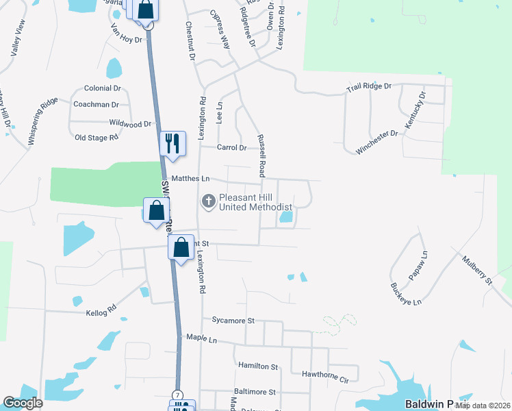 map of restaurants, bars, coffee shops, grocery stores, and more near 1403 Russell Road in Pleasant Hill