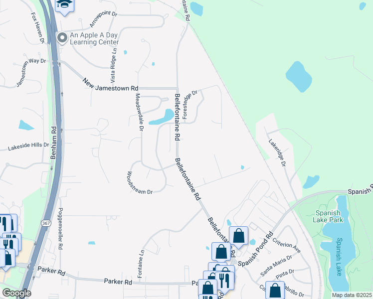 map of restaurants, bars, coffee shops, grocery stores, and more near 12600 Bellefontaine Road in St. Louis
