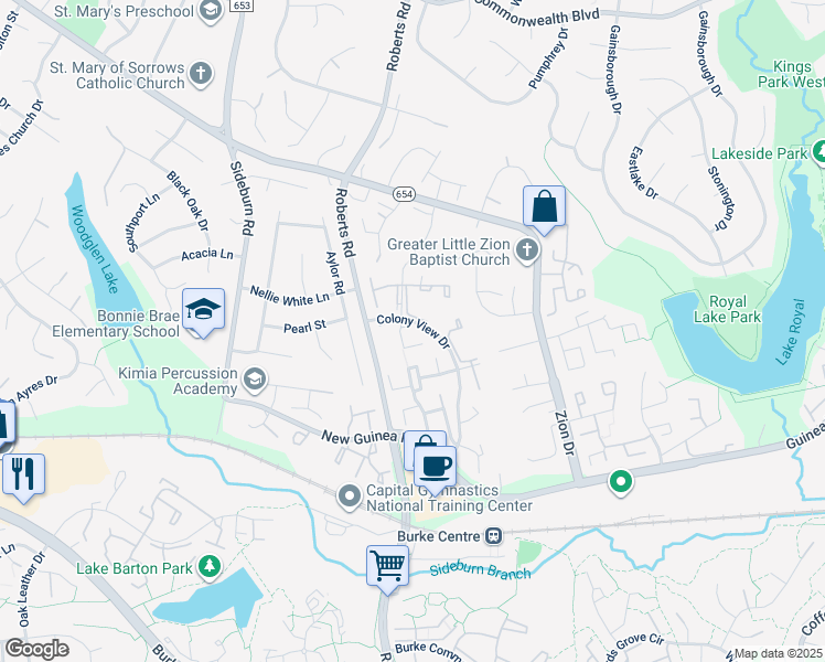map of restaurants, bars, coffee shops, grocery stores, and more near 5407 New London Park Drive in Fairfax