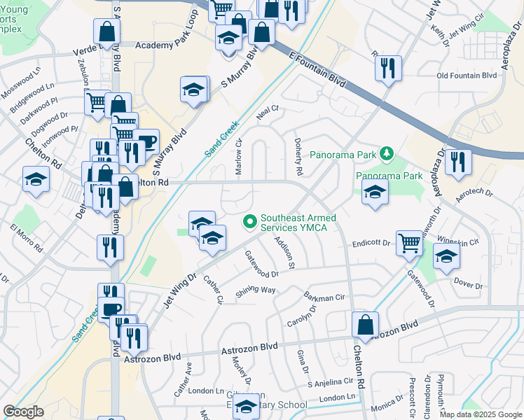 map of restaurants, bars, coffee shops, grocery stores, and more near 2170 Jet Wing Drive in Colorado Springs