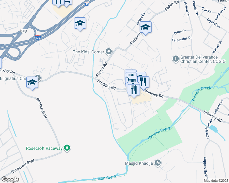 map of restaurants, bars, coffee shops, grocery stores, and more near 3045 Brinkley Road in Temple Hills
