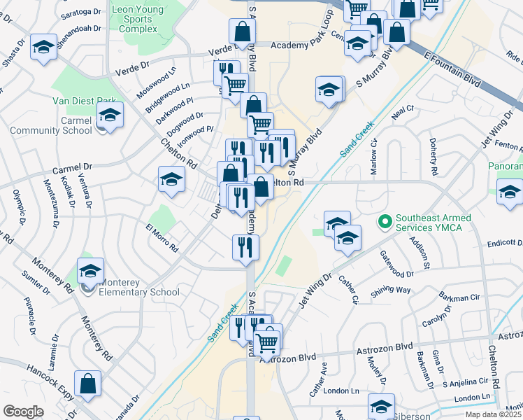 map of restaurants, bars, coffee shops, grocery stores, and more near 1976 South Murray Boulevard in Colorado Springs