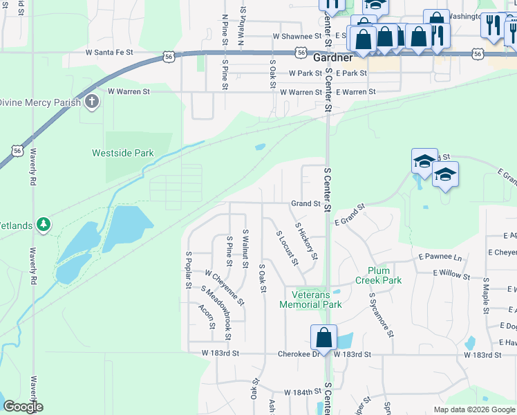 map of restaurants, bars, coffee shops, grocery stores, and more near 506 South Oak Street in Gardner