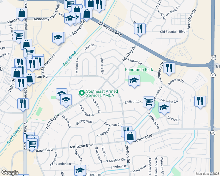 map of restaurants, bars, coffee shops, grocery stores, and more near 4553 Harwood Road in Colorado Springs