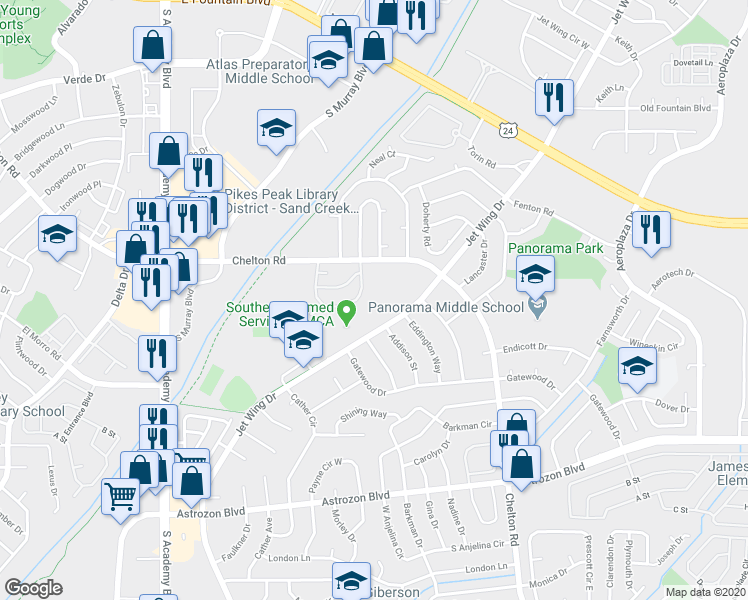 map of restaurants, bars, coffee shops, grocery stores, and more near 2170 Jet Wing Drive in Colorado Springs