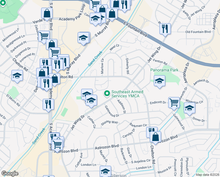 map of restaurants, bars, coffee shops, grocery stores, and more near 4326 Hunting Meadows Circle in Colorado Springs