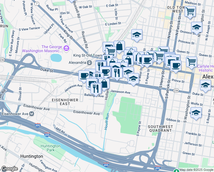 map of restaurants, bars, coffee shops, grocery stores, and more near 309 Holland Lane in Alexandria