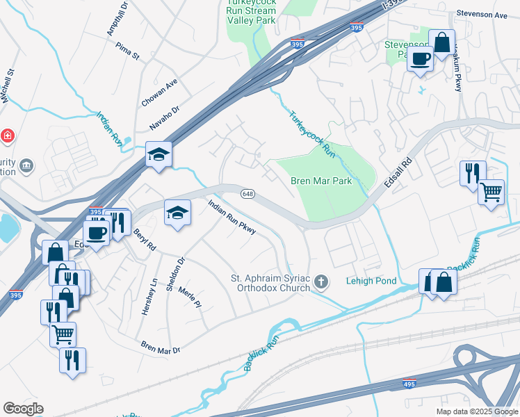 map of restaurants, bars, coffee shops, grocery stores, and more near 6373 Edsall Road in Alexandria