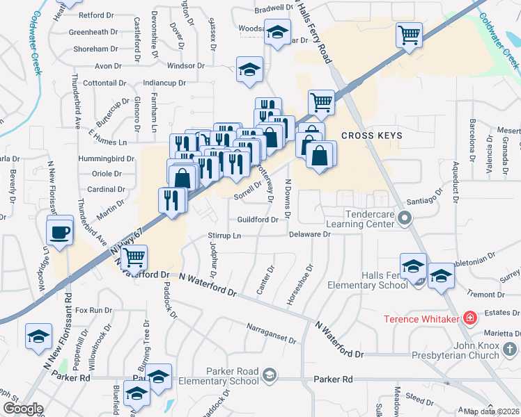map of restaurants, bars, coffee shops, grocery stores, and more near 2560 Hackney Drive in Florissant