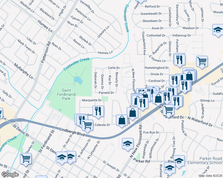 map of restaurants, bars, coffee shops, grocery stores, and more near 1625 Beverly Drive in Florissant