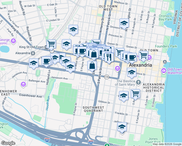 map of restaurants, bars, coffee shops, grocery stores, and more near 1111 Duke Street in Alexandria