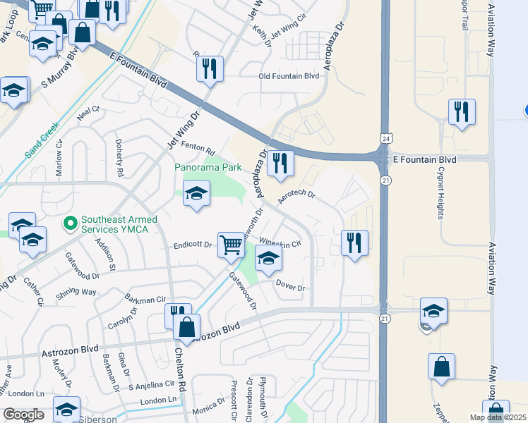 map of restaurants, bars, coffee shops, grocery stores, and more near 2005 Farnsworth Drive in Colorado Springs