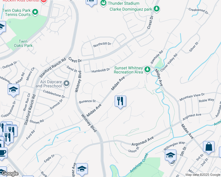 map of restaurants, bars, coffee shops, grocery stores, and more near 4440 Midas Avenue in Rocklin