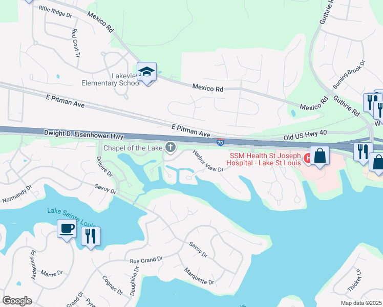 map of restaurants, bars, coffee shops, grocery stores, and more near 18 Harbor View Drive in Lake Saint Louis
