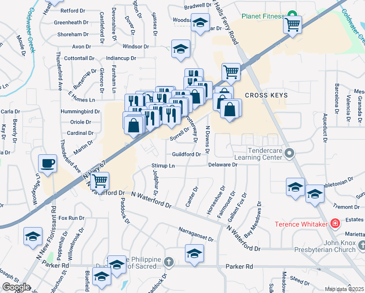 map of restaurants, bars, coffee shops, grocery stores, and more near 2560 Hackney Drive in Florissant
