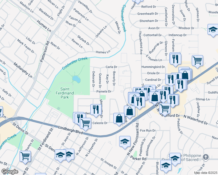 map of restaurants, bars, coffee shops, grocery stores, and more near 1625 Beverly Drive in Florissant