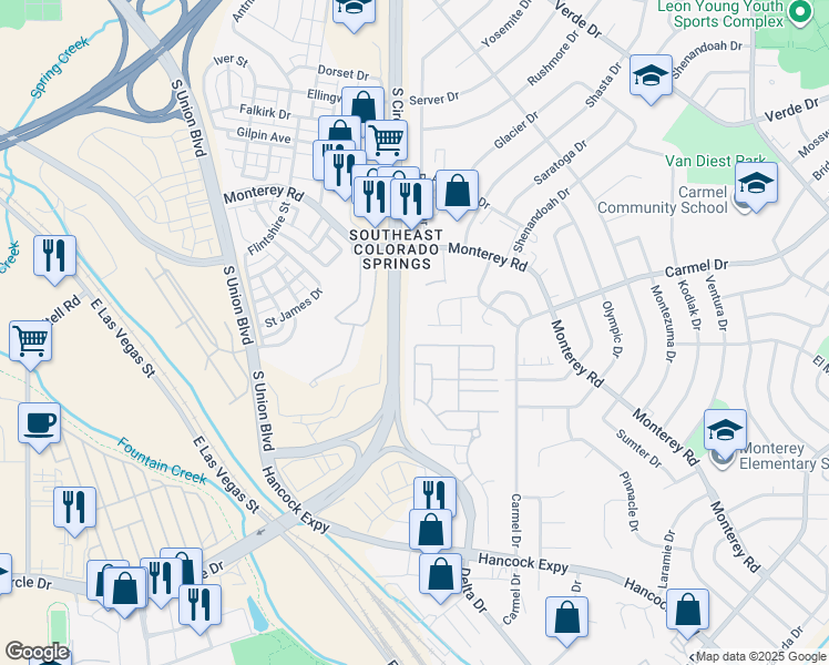 map of restaurants, bars, coffee shops, grocery stores, and more near 2018 Babbling Stream Heights in Colorado Springs