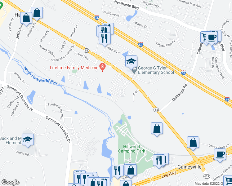 map of restaurants, bars, coffee shops, grocery stores, and more near 7135 Little Thames Drive in Gainesville