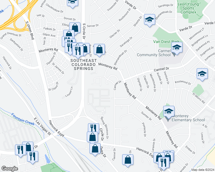 map of restaurants, bars, coffee shops, grocery stores, and more near 2705 Carmel Court in Colorado Springs