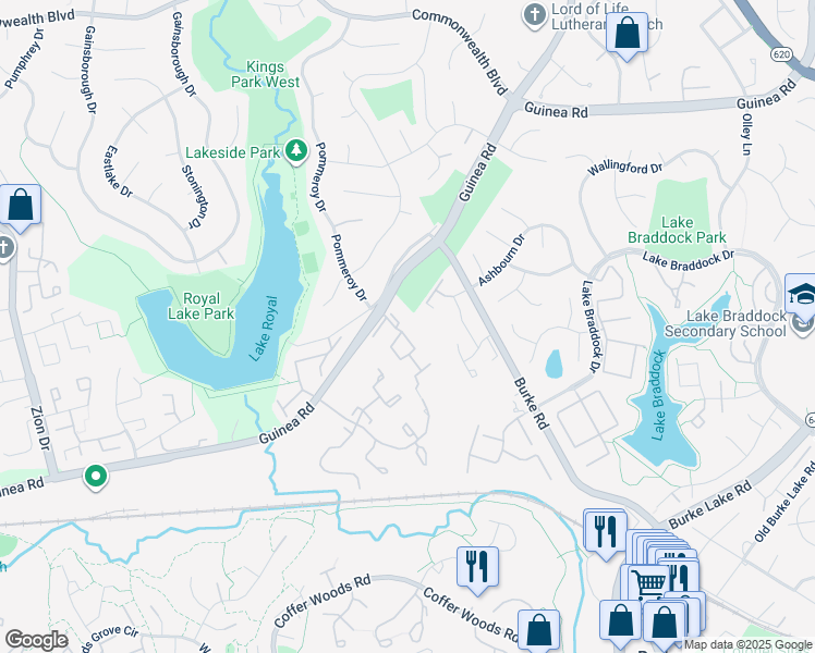 map of restaurants, bars, coffee shops, grocery stores, and more near 9615 Pierrpont Street in Burke