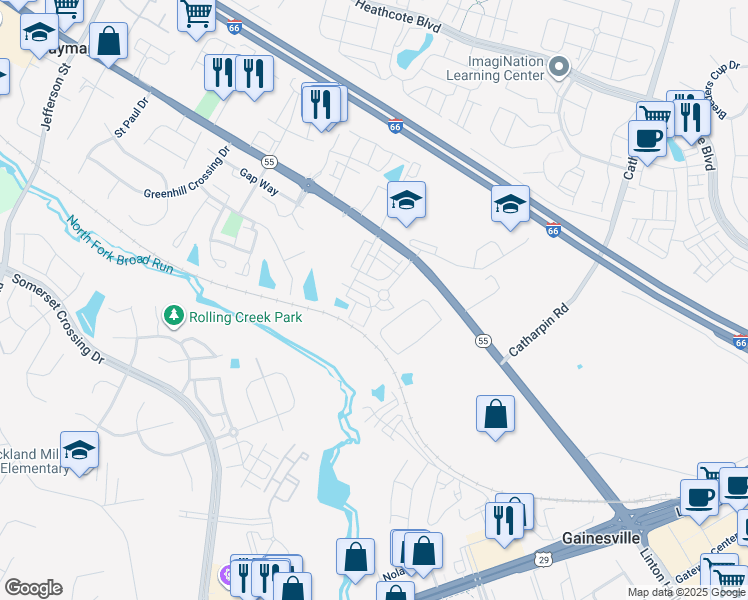 map of restaurants, bars, coffee shops, grocery stores, and more near 14478 Village High Street in Gainesville