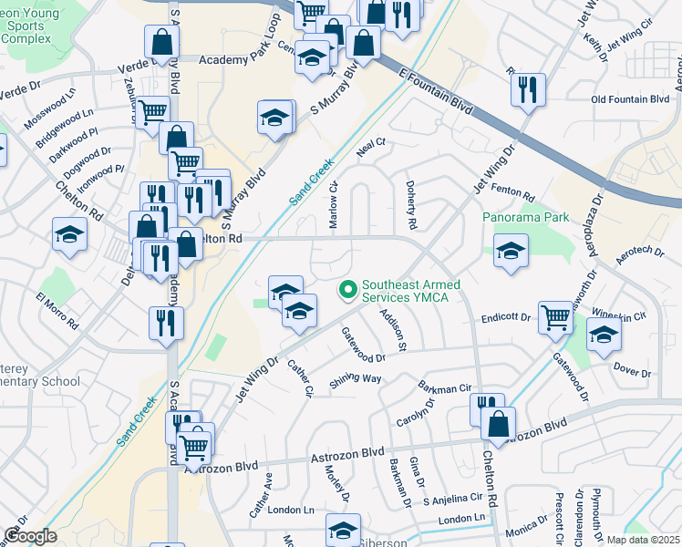 map of restaurants, bars, coffee shops, grocery stores, and more near 4326 Hunting Meadows Circle in Colorado Springs