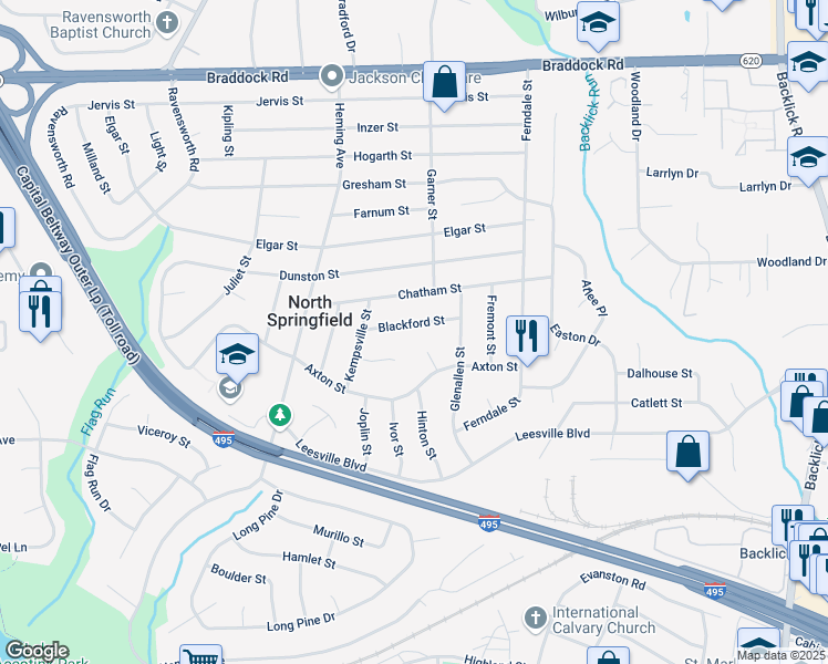 map of restaurants, bars, coffee shops, grocery stores, and more near 7411 Blackford Street in Springfield