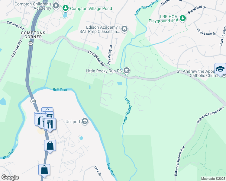 map of restaurants, bars, coffee shops, grocery stores, and more near 7021 Paradise Mill Road in Centreville