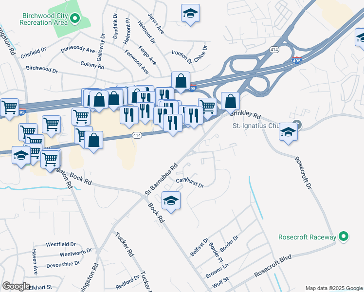 map of restaurants, bars, coffee shops, grocery stores, and more near 6303 Saint Barnabas Road in Oxon Hill