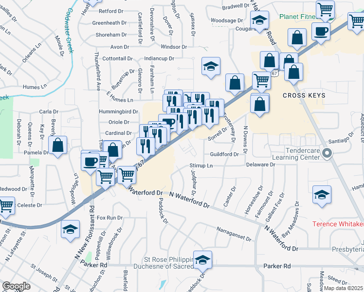 map of restaurants, bars, coffee shops, grocery stores, and more near 2400 North Highway 67 in Florissant