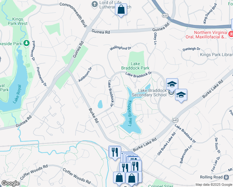 map of restaurants, bars, coffee shops, grocery stores, and more near 9533 Burdett Road in Burke