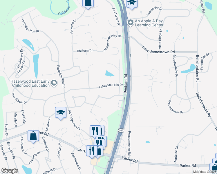 map of restaurants, bars, coffee shops, grocery stores, and more near 6950 Lakeside Hills Drive in Florissant