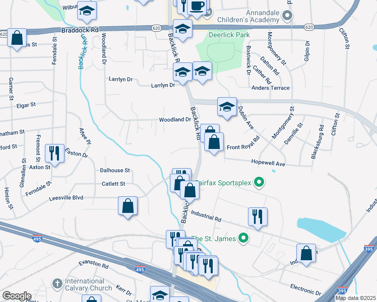 map of restaurants, bars, coffee shops, grocery stores, and more near 7023 Leewood Forest Drive in Springfield