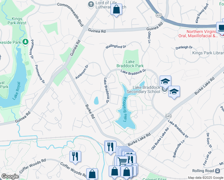 map of restaurants, bars, coffee shops, grocery stores, and more near 9533 Burdett Road in Burke