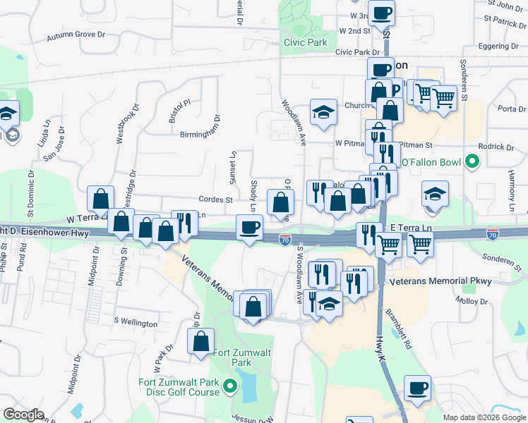map of restaurants, bars, coffee shops, grocery stores, and more near 611 Westhoff Avenue in O'Fallon