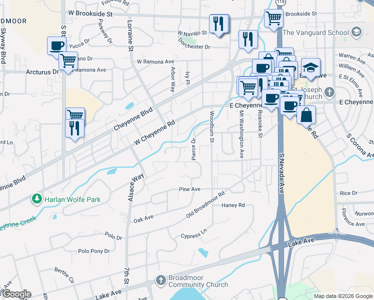 map of restaurants, bars, coffee shops, grocery stores, and more near 138 Creekside Lane in Colorado Springs