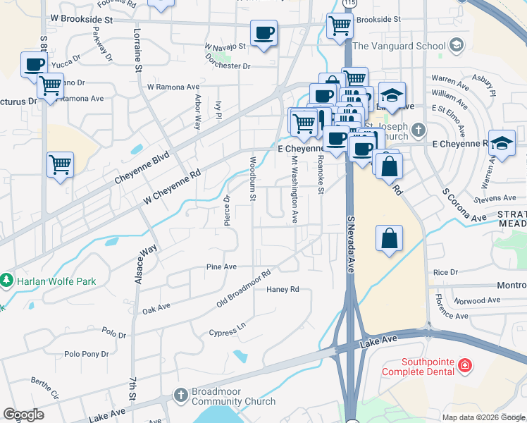 map of restaurants, bars, coffee shops, grocery stores, and more near 11 El Sereno Drive in Colorado Springs
