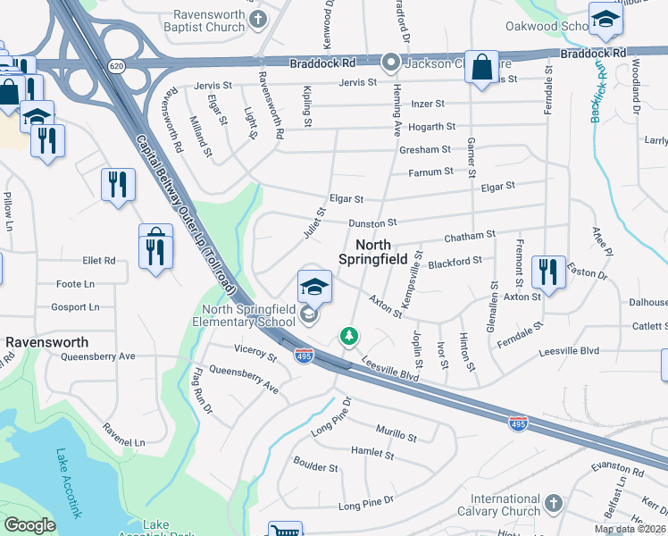 map of restaurants, bars, coffee shops, grocery stores, and more near 5413 Ives Place in Springfield
